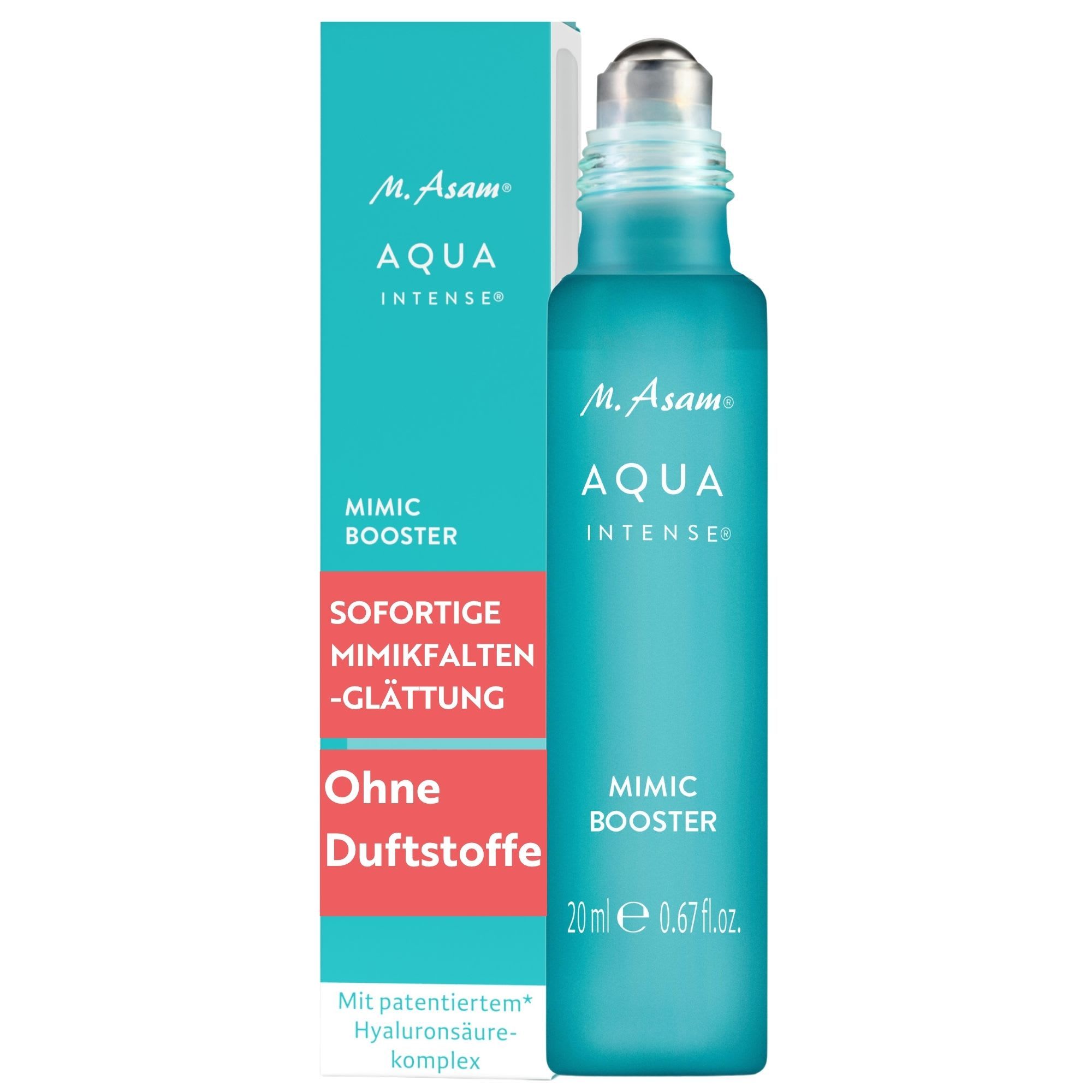 M. Asam Aqua Intense Mimic Booster Serum in türkiser Flasche mit Roll-on-Applikator und Umverpackung.