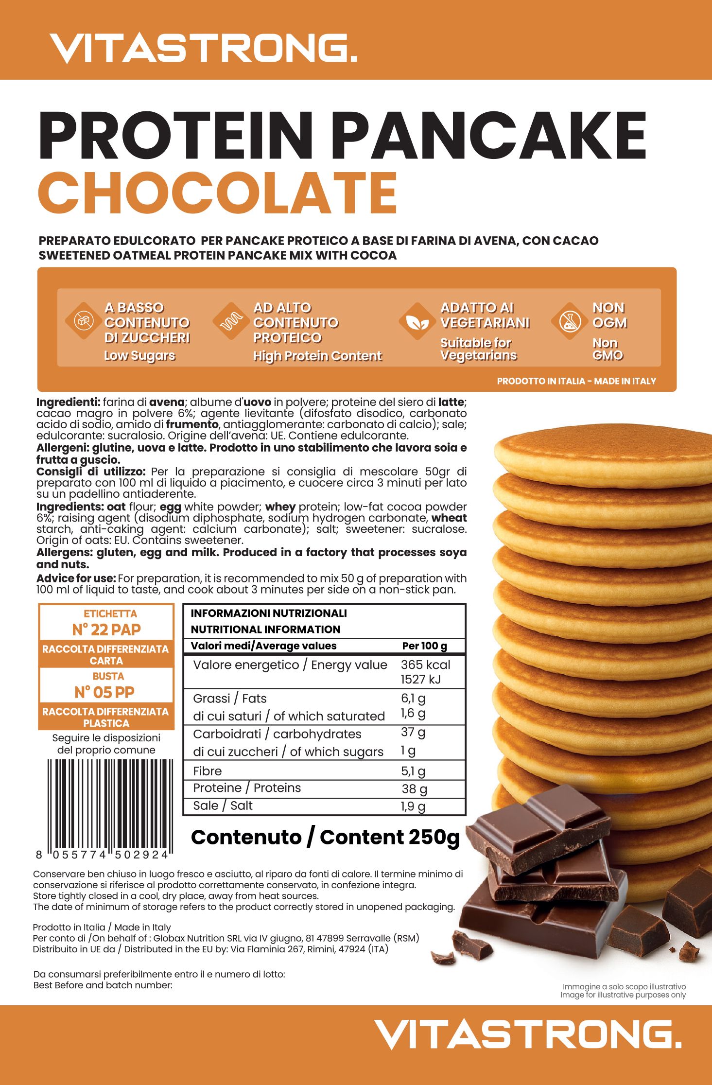 Verpackung von Protein Pancake Chocolate. Stapel Pfannkuchen und Schokoladenstücke. Text: Vitastrong, hoher Proteingehalt.