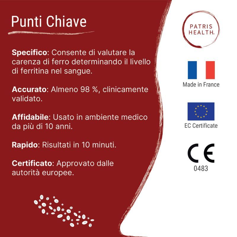 Punti chiave del test Patris Health® per la carenza di ferro. Informazioni su accuratezza, affidabilità e certificazione.