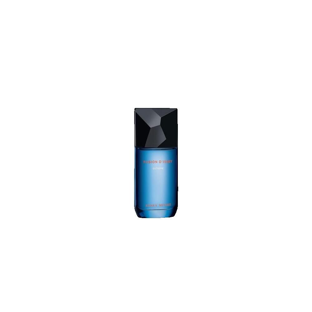 Blaues Glas mit schwarzem Deckel. Aufschrift: Fusion d'Issey. Issey Miyake.