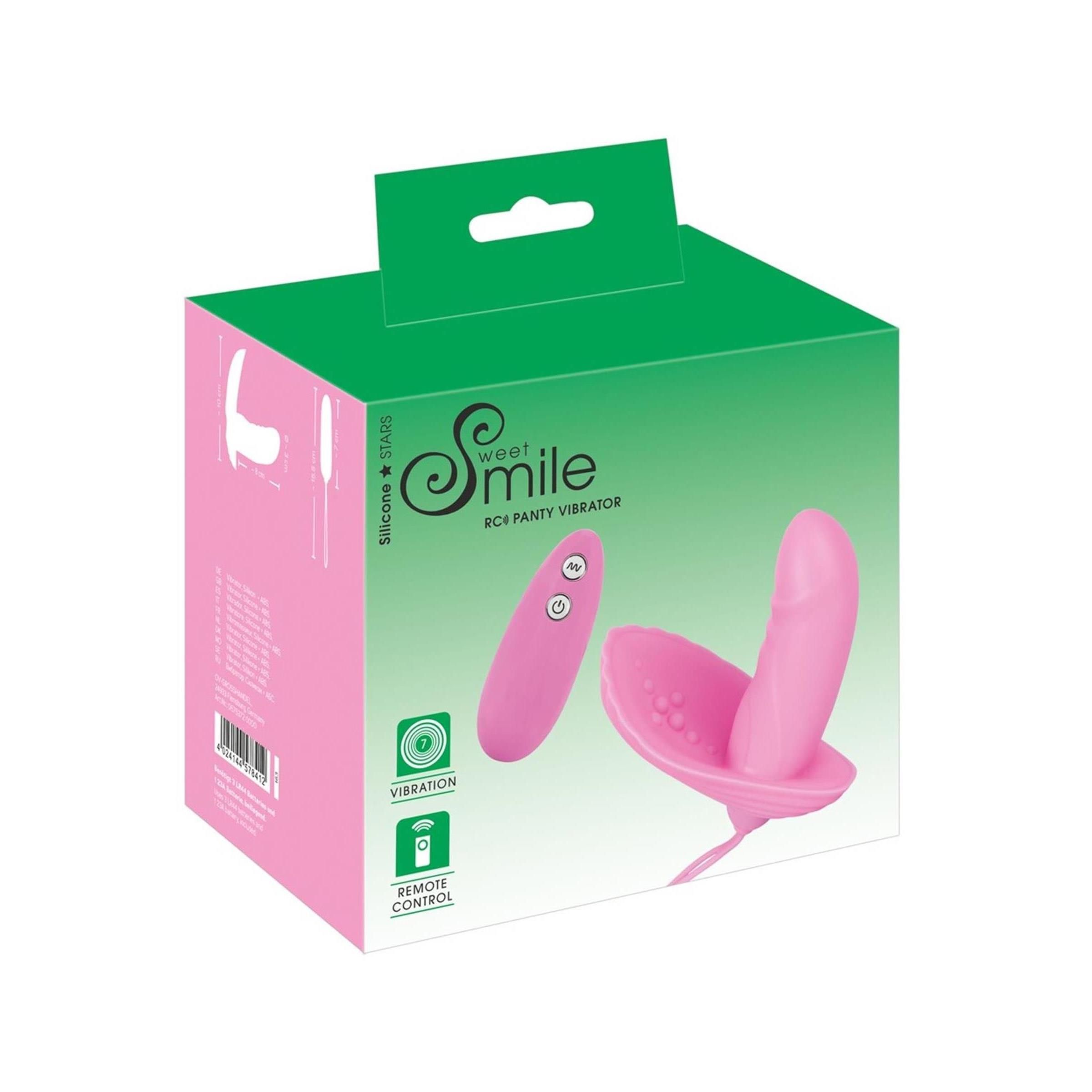 Rosa Vibrator mit Fernbedienung in Verpackung. Aufschrift: Sweet Smile. Funktionen: Vibration, Fernbedienung.