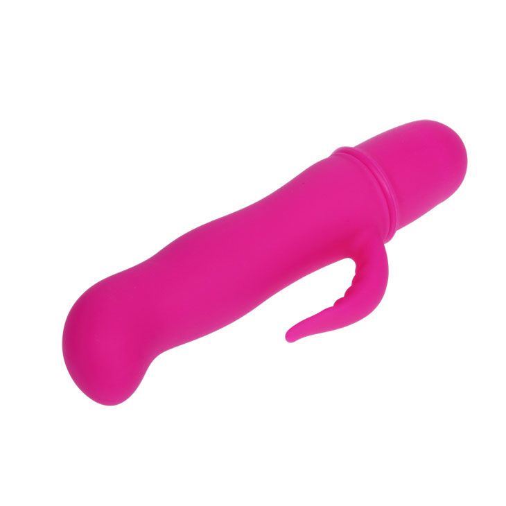 Pinkfarbener Vibrator mit gebogener Form und einem hervorstehenden Element. Auf weißem Hintergrund.