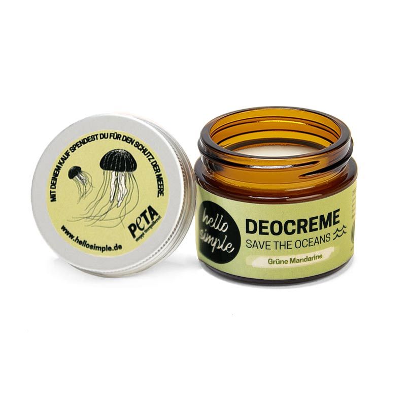 Braunes Glas mit Deocreme und Deckel. Aufschrift: DEOCREME, SAVE THE OCEANS, Grüne Mandarine. PETA-Logo.