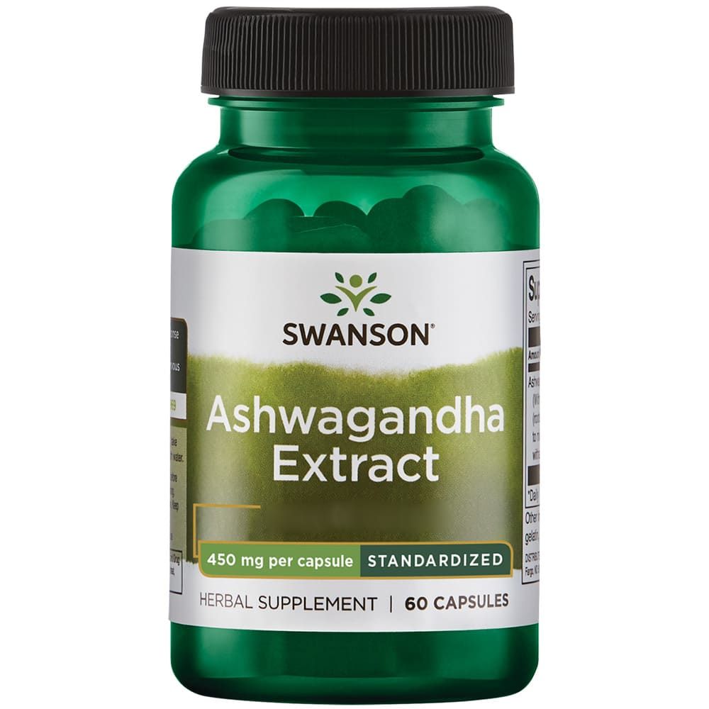 Grüne Flasche mit Swanson Ashwagandha Extrakt Kapseln. Aufschrift: 450 mg pro Kapsel, standardisiert, 60 Kapseln.
