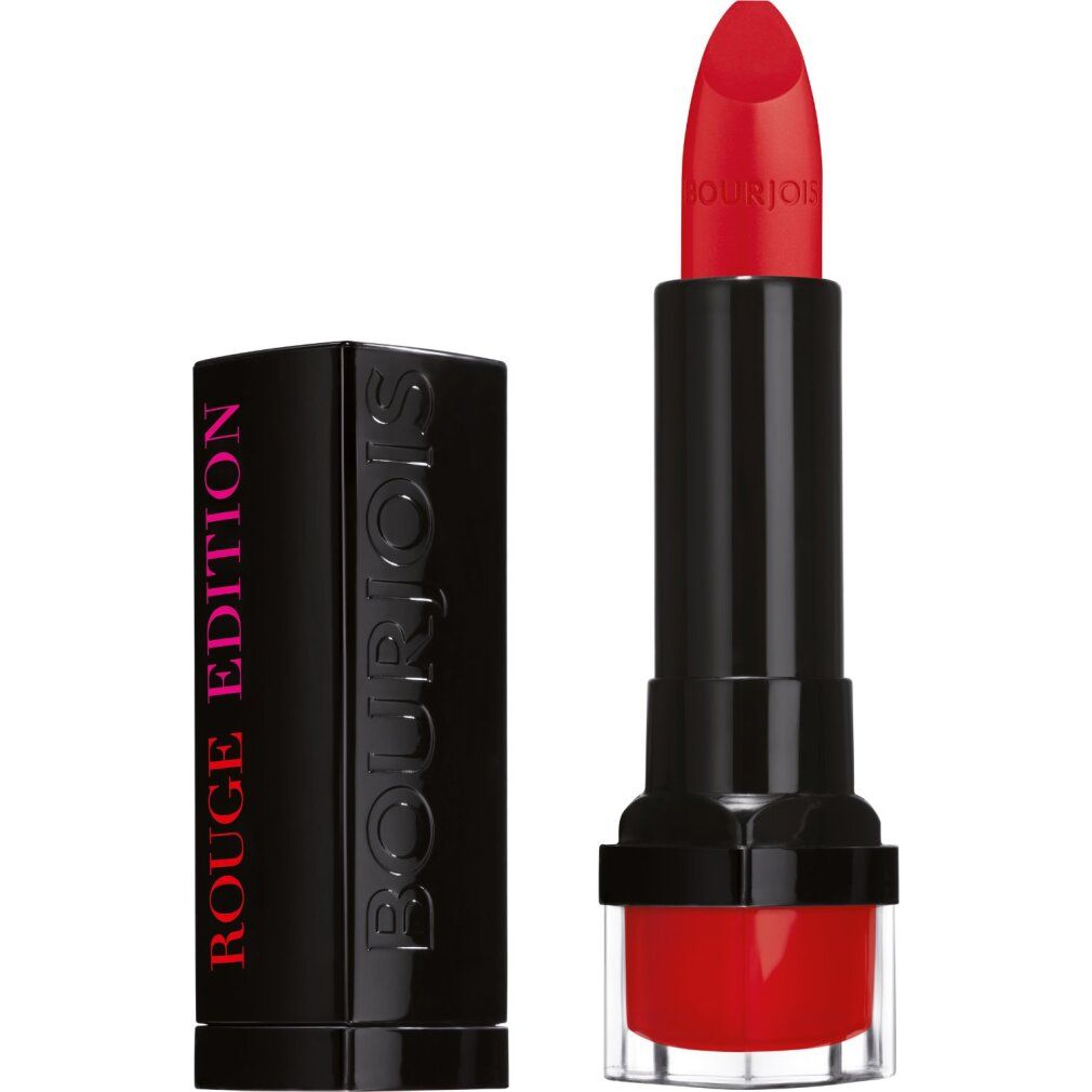 Roter Bourjois Lippenstift, geöffnet. Schwarzer Stift, roter Lippenstift. Deckel daneben. "ROUGE EDITION" und "Bourjois" auf dem Deckel.