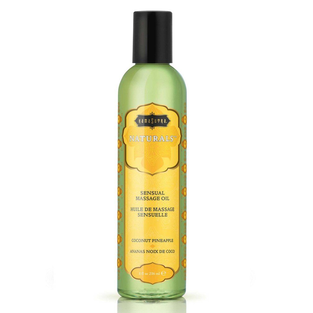 Grüne Flasche mit Kama Sutra Naturals Massageöl, Duft Coconut Pineapple.
