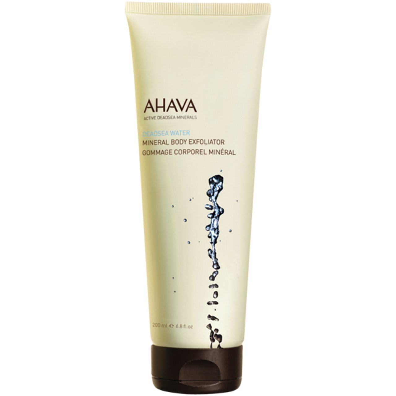 AHAVA Mineral Body Exfoliator. Beige Tube mit braunem Deckel. Schriftzug und Wasser-Design.