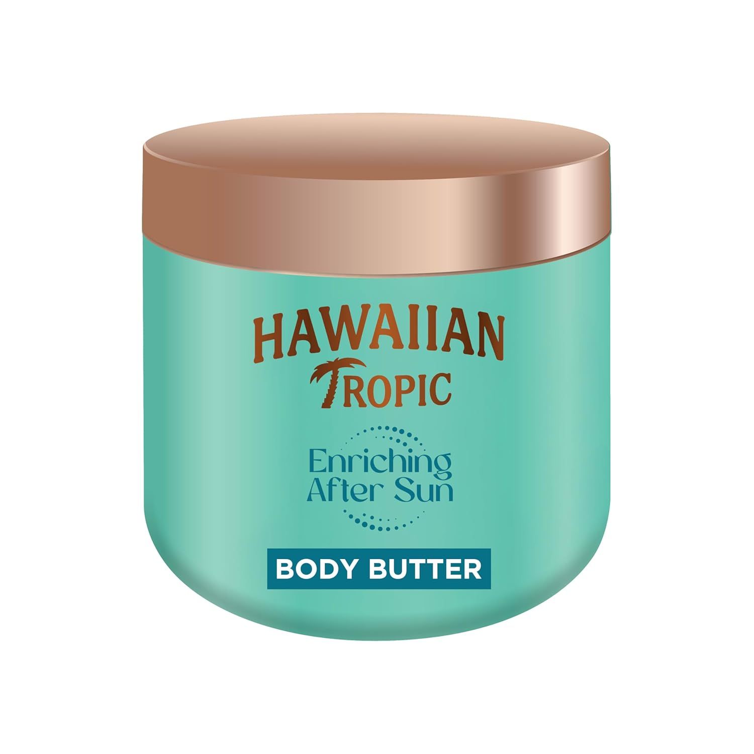 Türkisgrüner Tiegel mit goldfarbenem Deckel. Aufschrift: Hawaiian Tropic, Enriching After Sun, Body Butter.