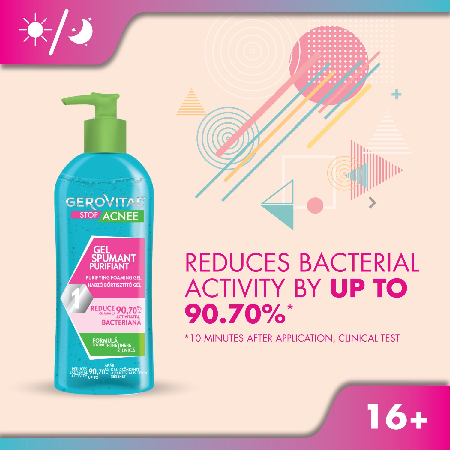 Produktflasche mit Text: Reduces bacterial activity by up to 90.70%. Text: 10 minutes after application, clinical test.