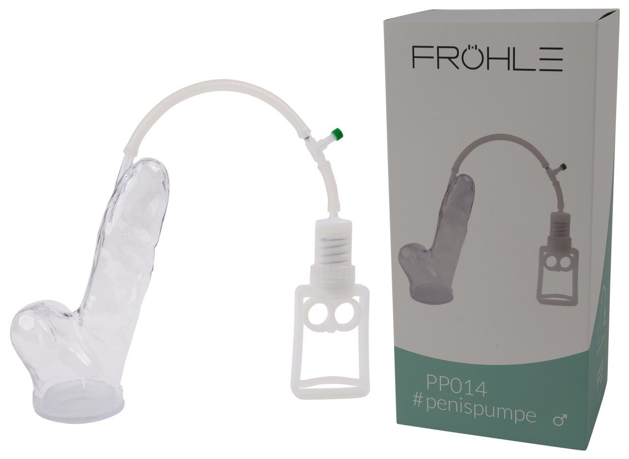 Klare Penis-Pumpe mit Schlauch, Ventil und Kolben. Daneben die Verpackung mit Produktabbildung und Markennamen "FRÖHLE".