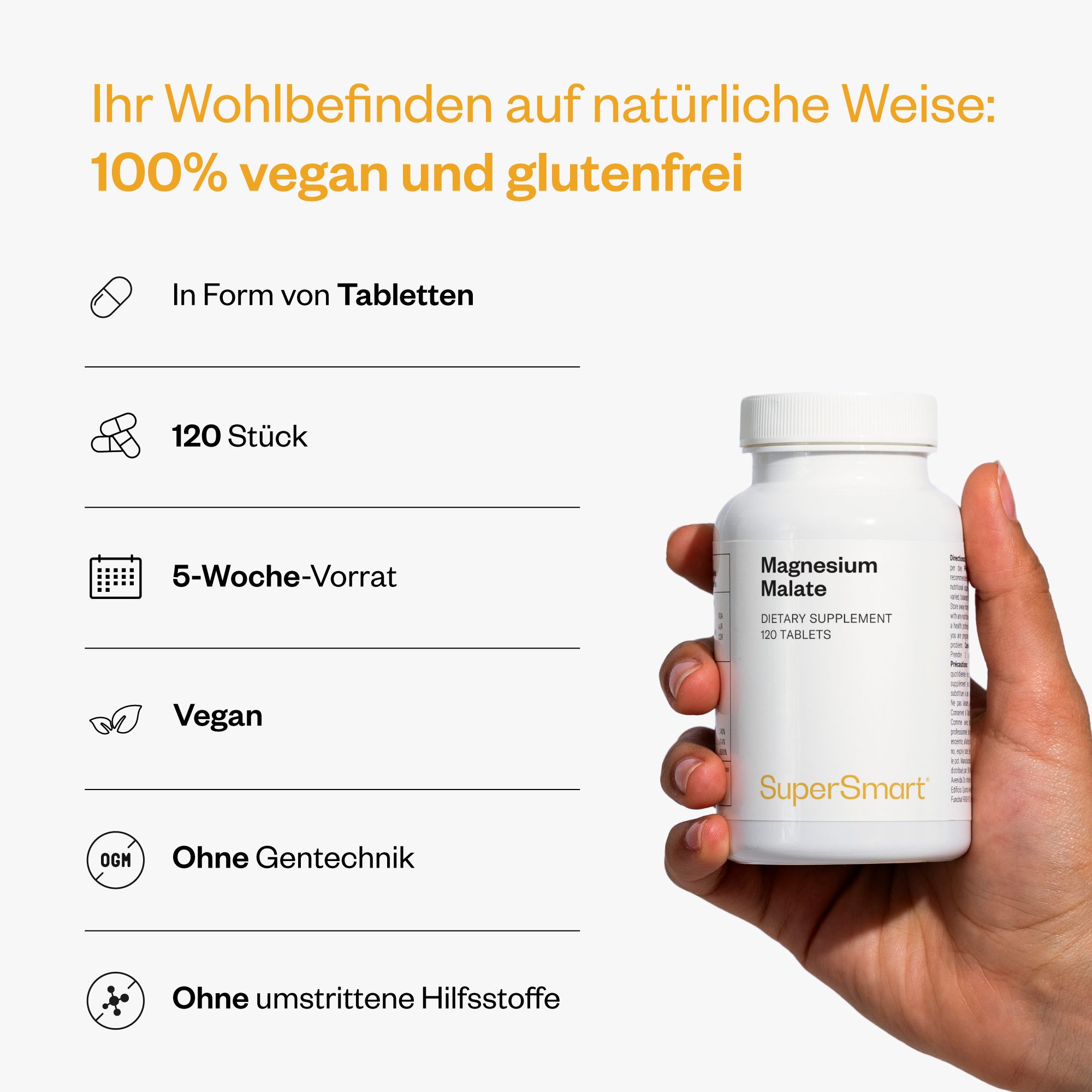 Person hält eine weiße Flasche Magnesium Malat Tabletten. 120 Stück, 5-Wochen-Vorrat, vegan, ohne Gentechnik, ohne Hilfsstoffe.