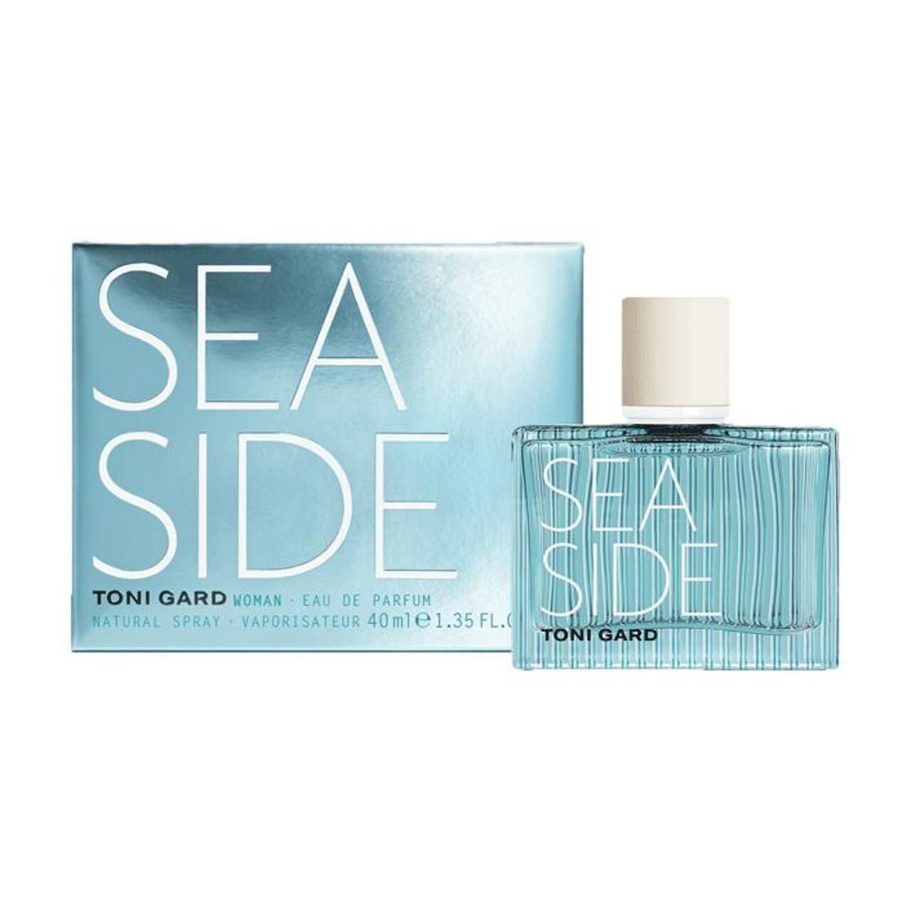 Eau de Parfum und Verpackung. Hellblauer Flakon mit weißem Deckel. Hellblaue Schachtel mit Schriftzug SEA SIDE.