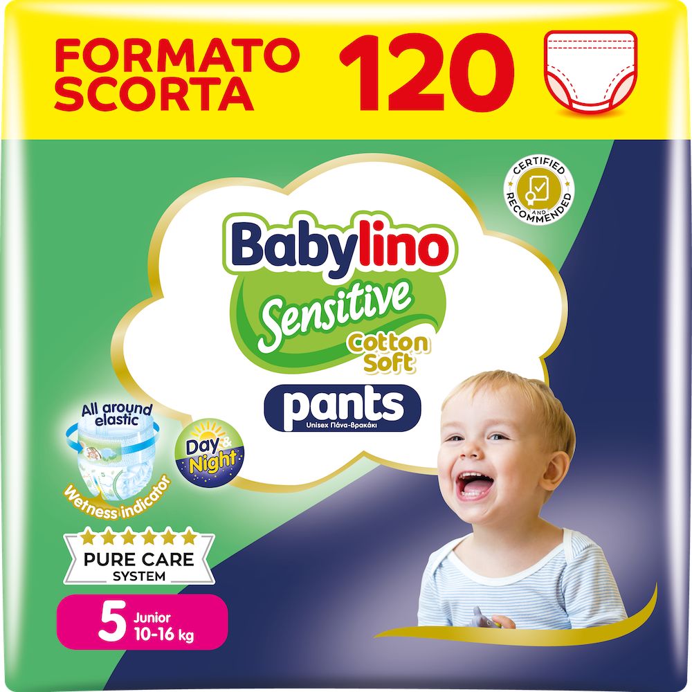 Babylino Sensitive Cotton Soft Pannolini Mutandina Taglia 5, Pants Junior (10-16kg), 120 Unità