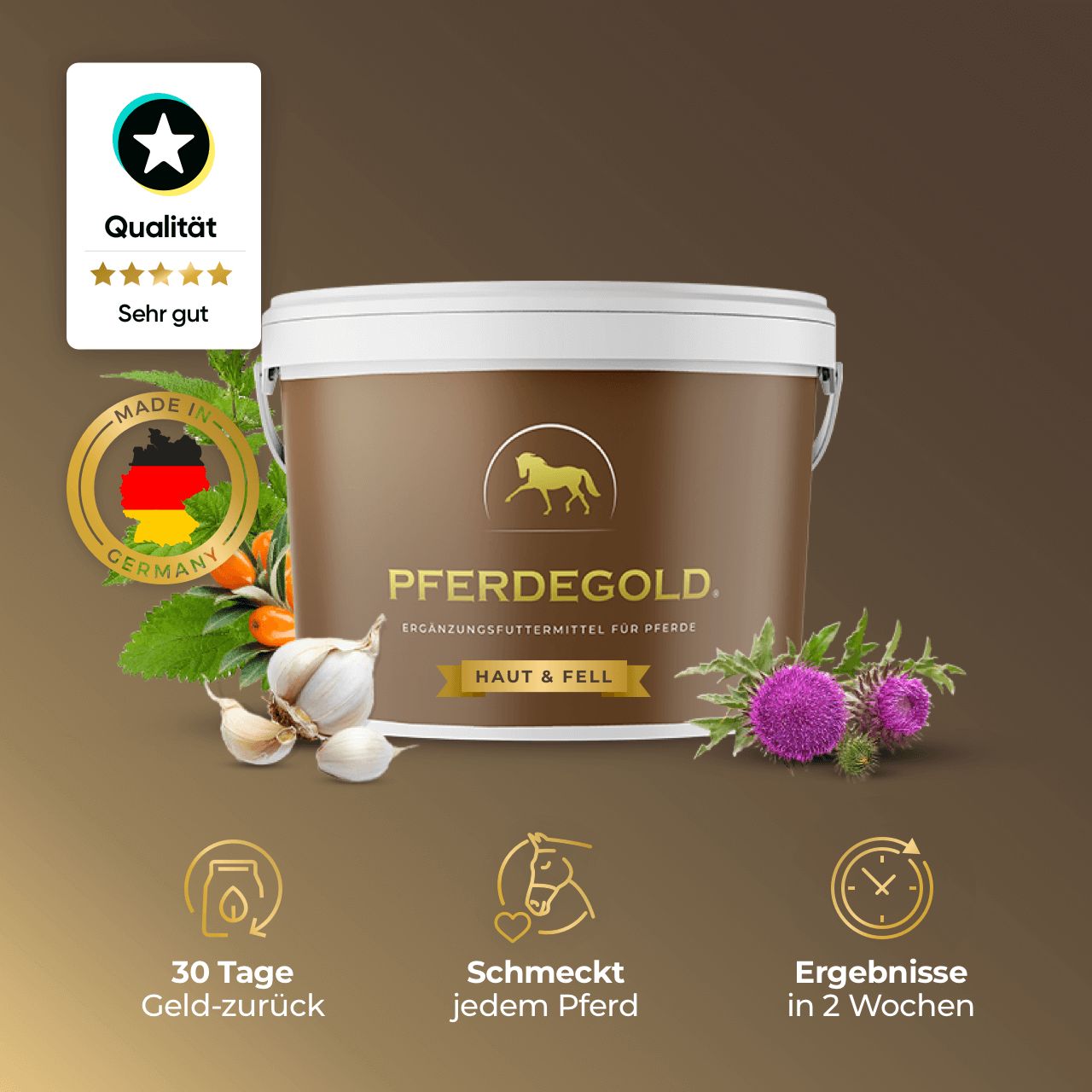 Braune Dose mit weißem Deckel. Aufschrift: PFERDEGOLD. Zusatzfutter für Pferde. Haut & Fell. Qualitätssiegel. Knoblauch und Distelblüte.