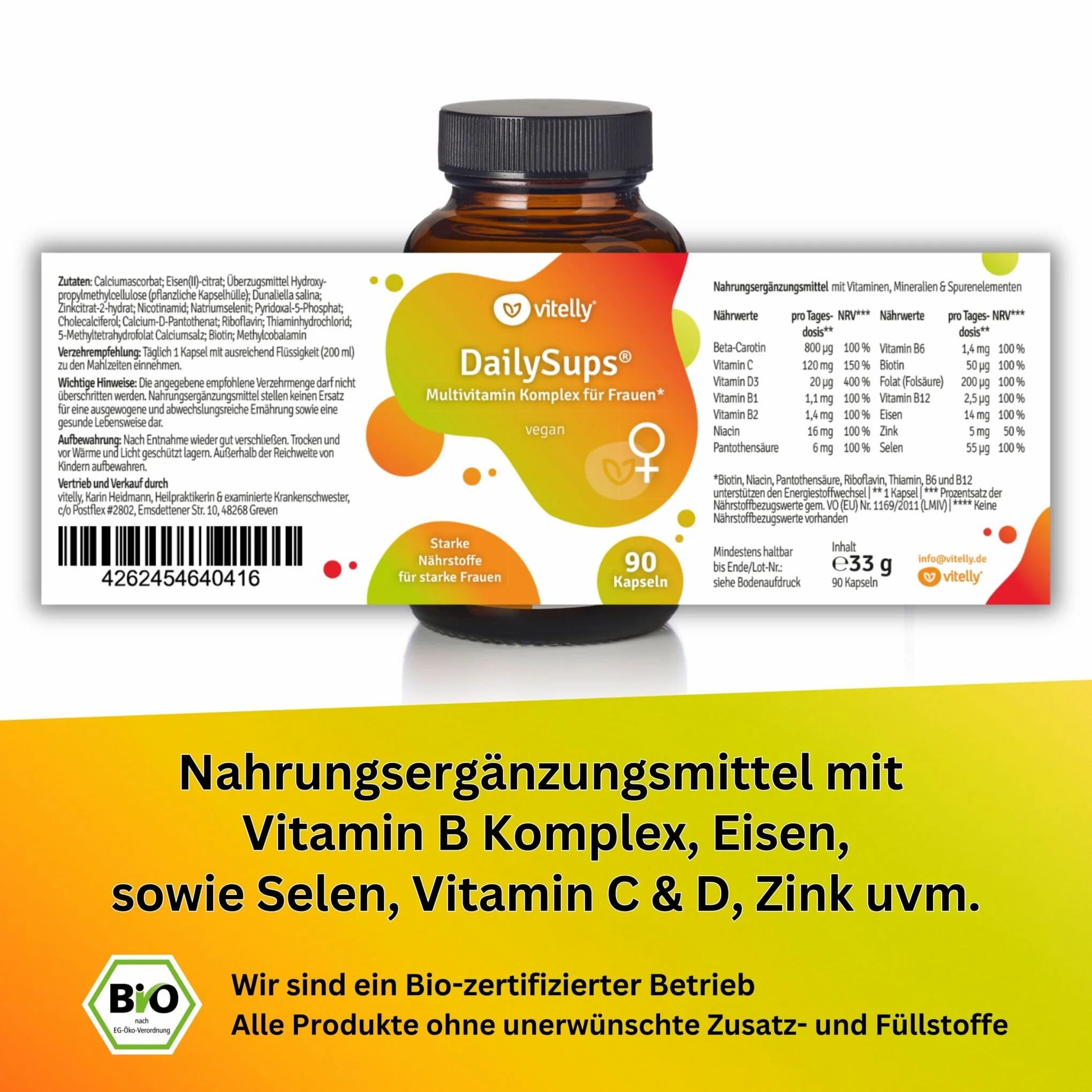 Braune Flasche mit Etikett. Text: Nahrungsergänzungsmittel mit Vitamin B Komplex, Eisen, sowie Selen, Vitamin C & D, Zink uvm. Bio-Zertifizierung.