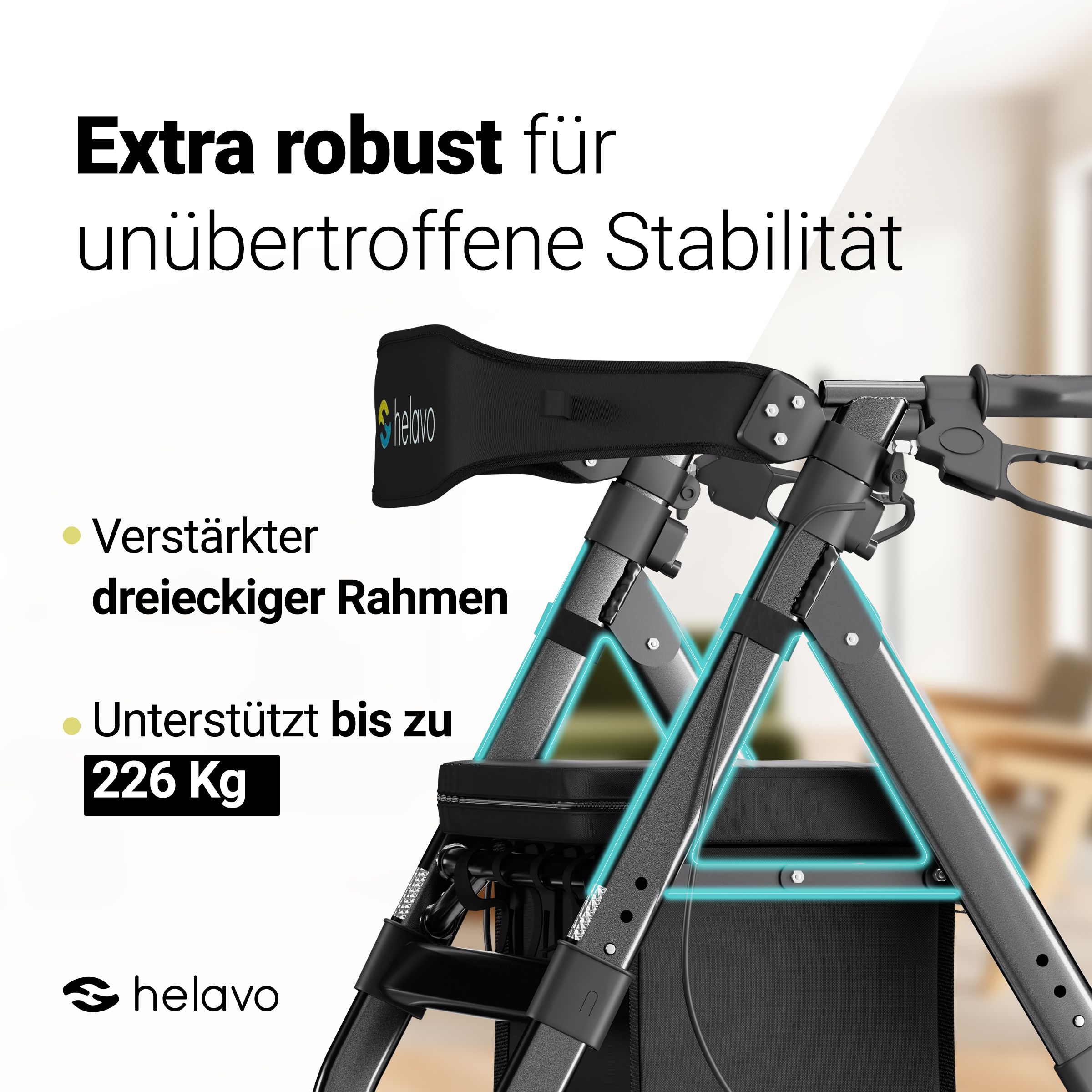 Helavo Rollator extra breit, faltbarer, mit höhenverstellbarem Sitz, bis 226 kg