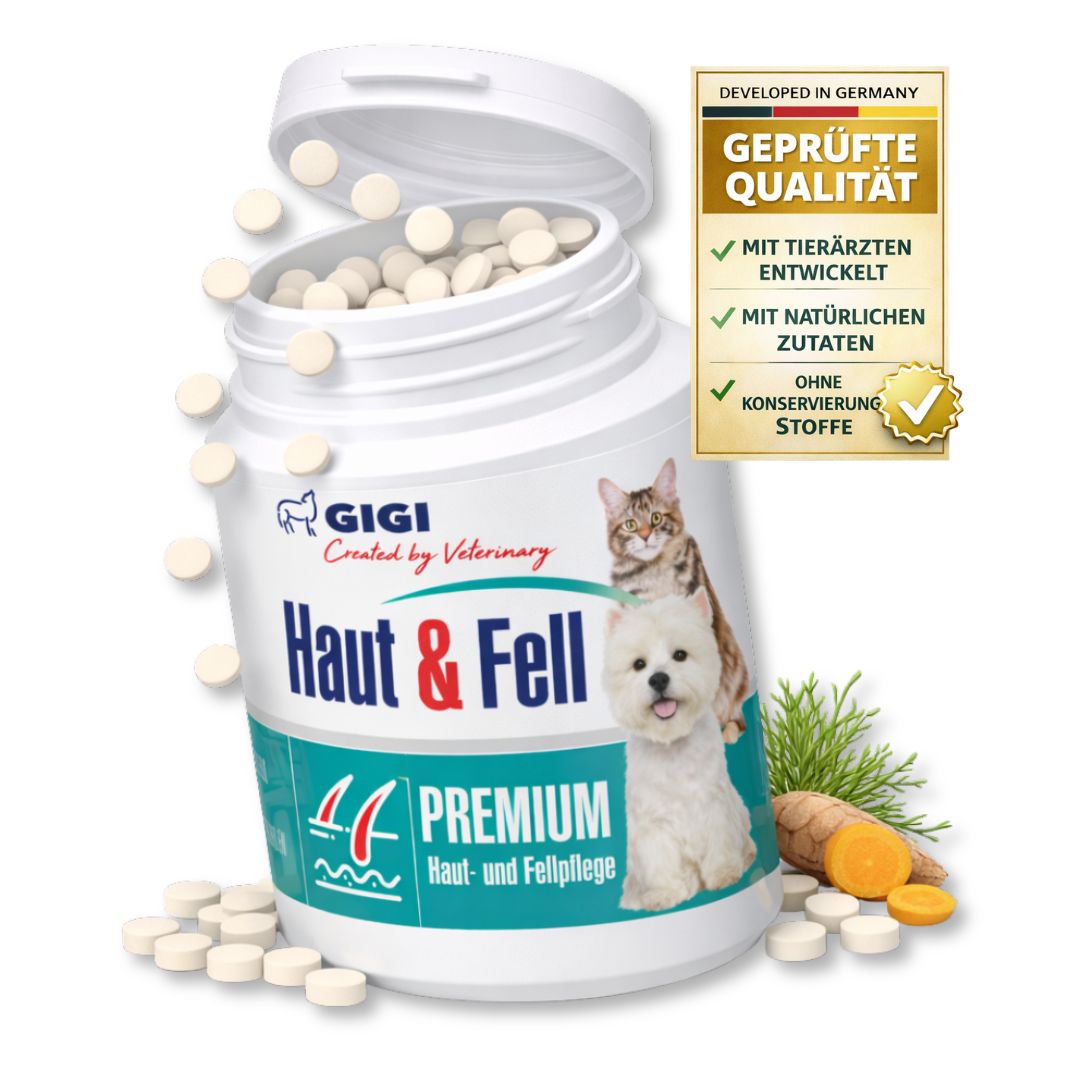 Weiße Tabletten fallen aus einer weißen Flasche. Auf der Flasche steht "GIGI Haut & Fell". Aufkleber: "Geprüfte Qualität".