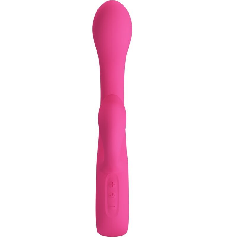 Pinkfarbener Vibrator mit gerader Form. Mit zwei Knöpfen.  Gerades Design mit abgerundeter Spitze und Griff.