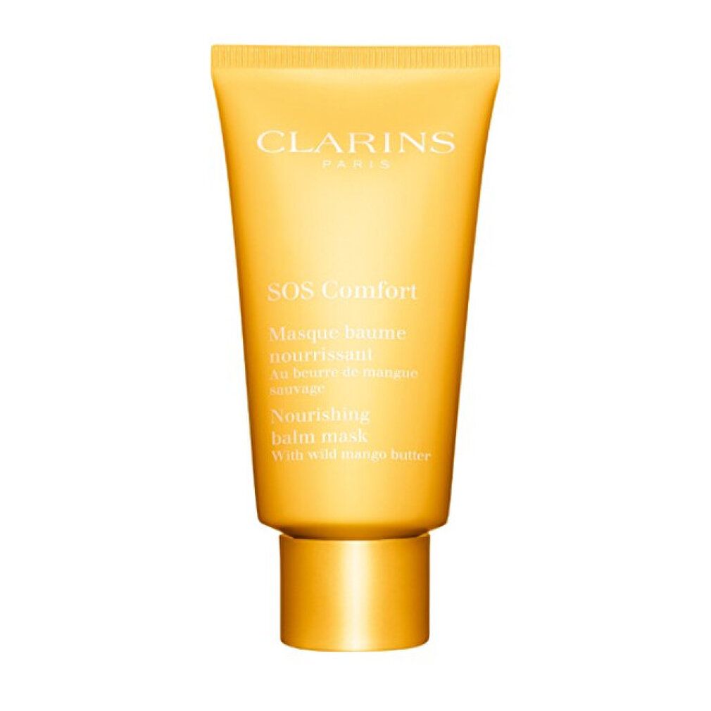 Gelbe Tube SOS Comfort. Aufschrift: Clarins Paris. Produktname: SOS Comfort Masque baume nourrissant.