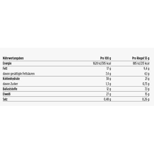 Nährwertangaben-Tabelle für Barebells Vegan Bar. Enthält Informationen zu Energie, Fett, Kohlenhydraten, Ballaststoffen, Eiweiß und Salz.