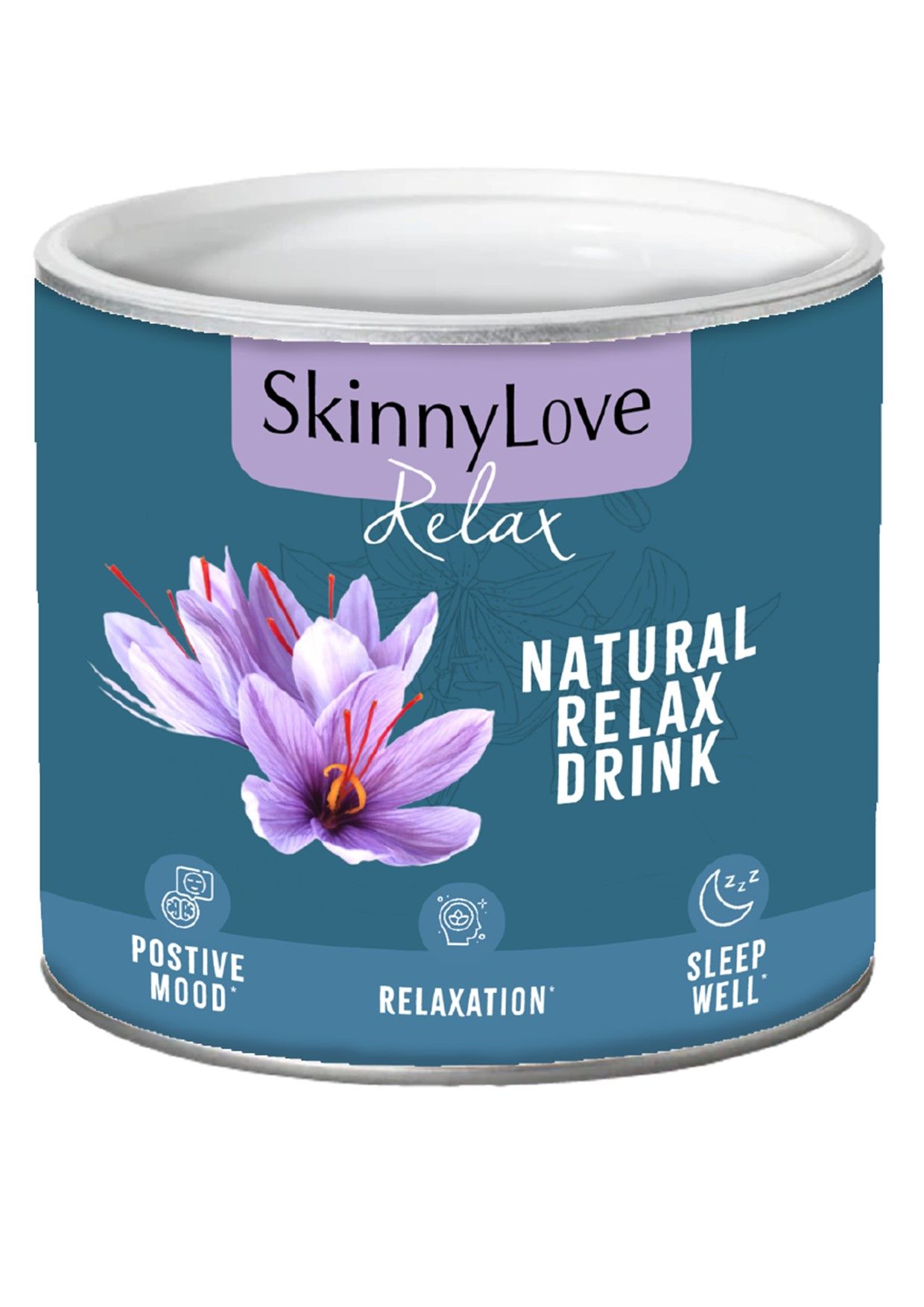 Zylindrische Dose mit SkinnyLove Relax-Aufdruck. Abbildung einer Blüte. Text: Natural Relax Drink, Positive Stimmung, Entspannung, Guter Schlaf.