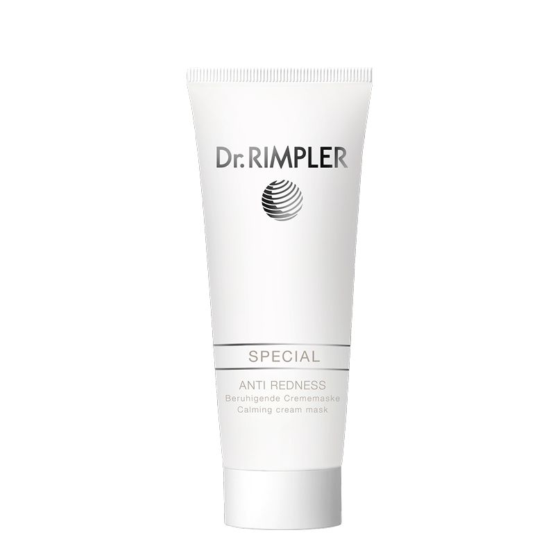 Weiße Tube mit "Dr. Rimpler"-Logo und Text "SPECIAL ANTI REDNESS". Beruhigende Creme-Maske. Aufschrift in Englisch und Deutsch.