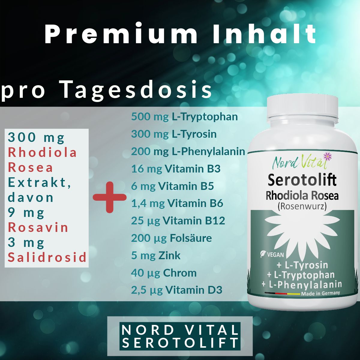 Nord Vital Serotolift - Serotonin und Dopamin Vorstufen - Rhodiola Rosea, L-Tryptophan, uvm - Vegan