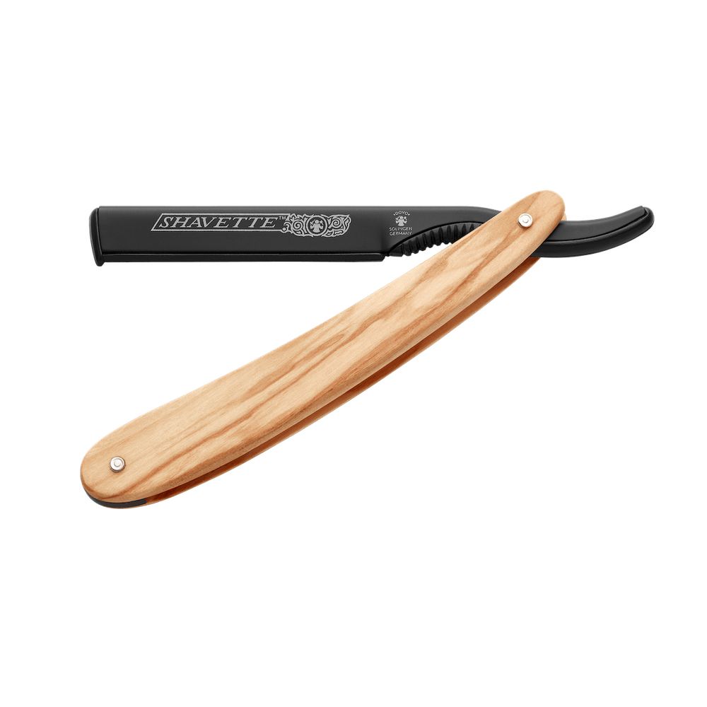 Rasiermesser mit Holzgriff und schwarzer Klinge. "SHAVETTE" Schriftzug auf der Klinge.