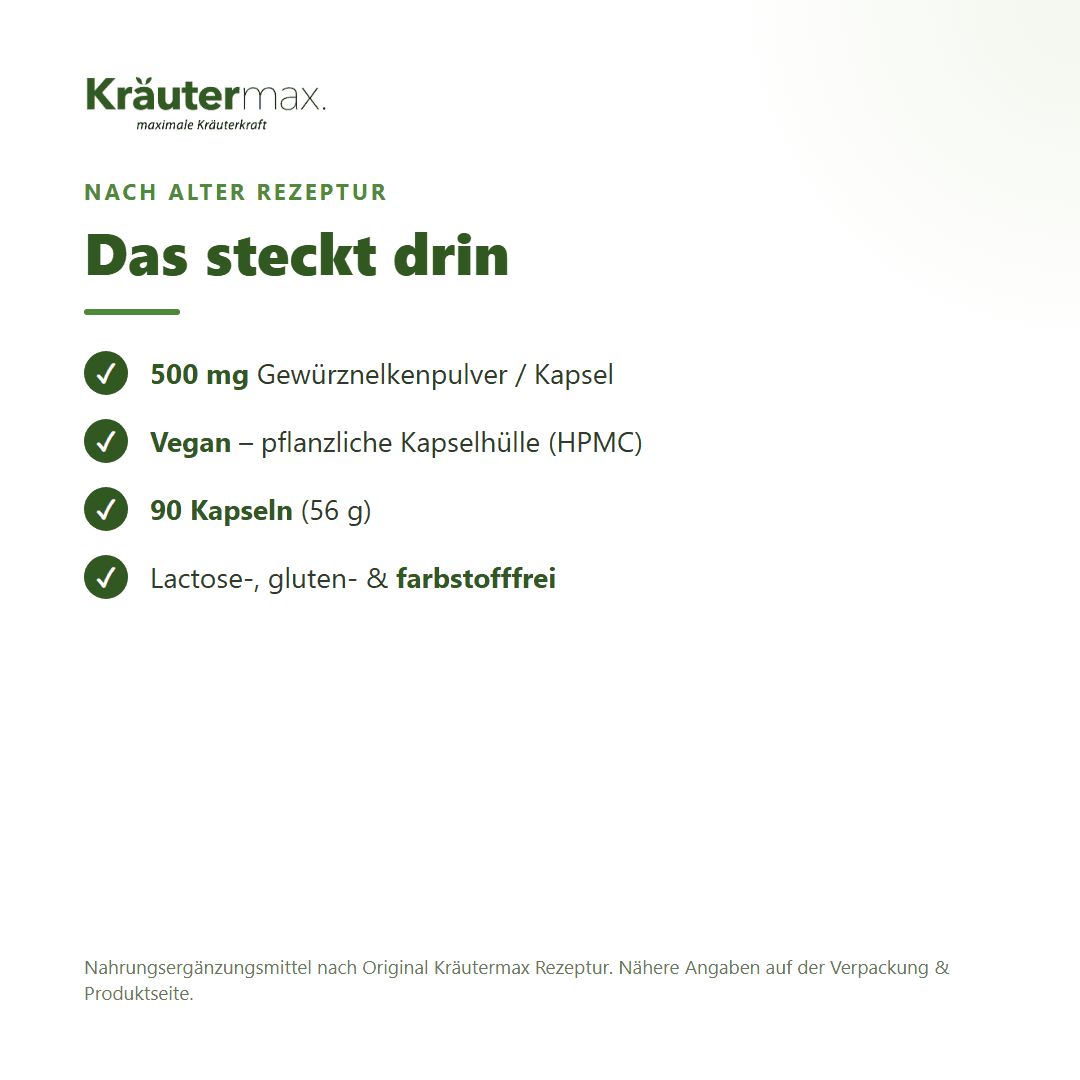 Übersicht der Inhaltsstoffe von Kräutermax Gewürznelken Kapseln: 500mg, vegan, 90 Kapseln, laktosefrei.
