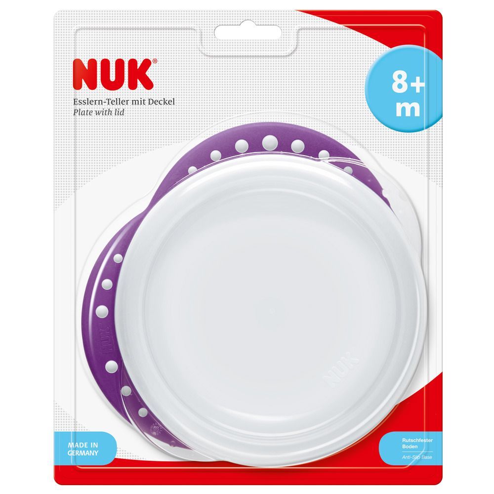 Teller mit Deckel in Verpackung. Lila und weiß. Marke NUK. Altersempfehlung 8+ Monate.