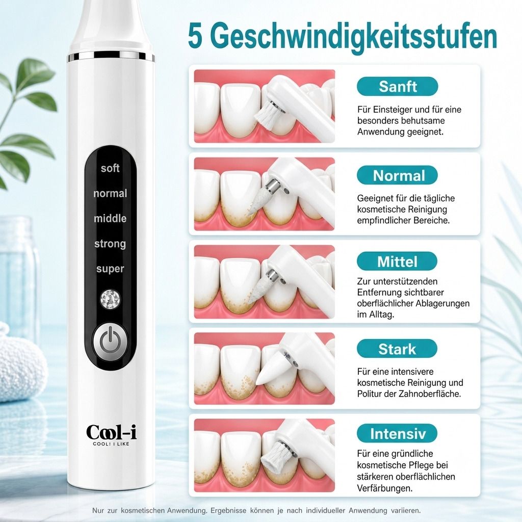 COOL-i Zahnpolierer mit 5 Geschwindigkeitsstufen: Sanft, Normal, Mittel, Stark, Intensiv.
