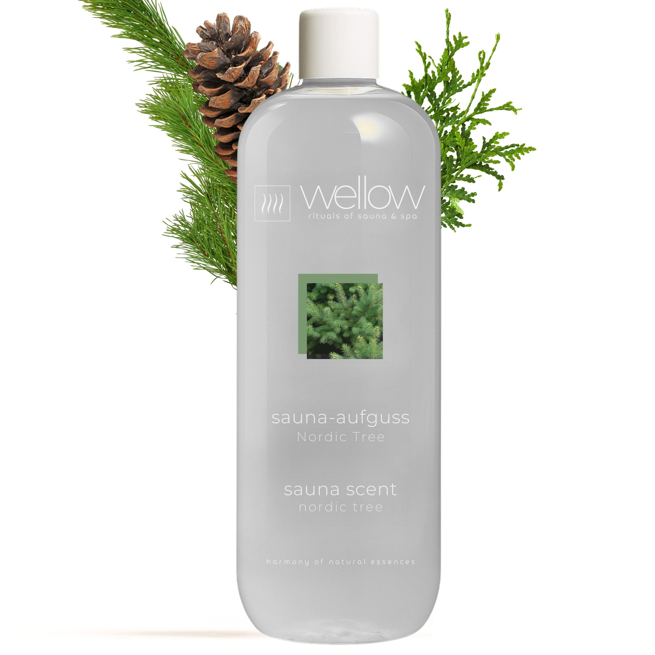 Wellow Sauna-Aufguss Nordic Tree. Flasche mit weißem Deckel, grünen Zweigen und Zapfen. Text: Sauna-Aufguss, Sauna Scent.