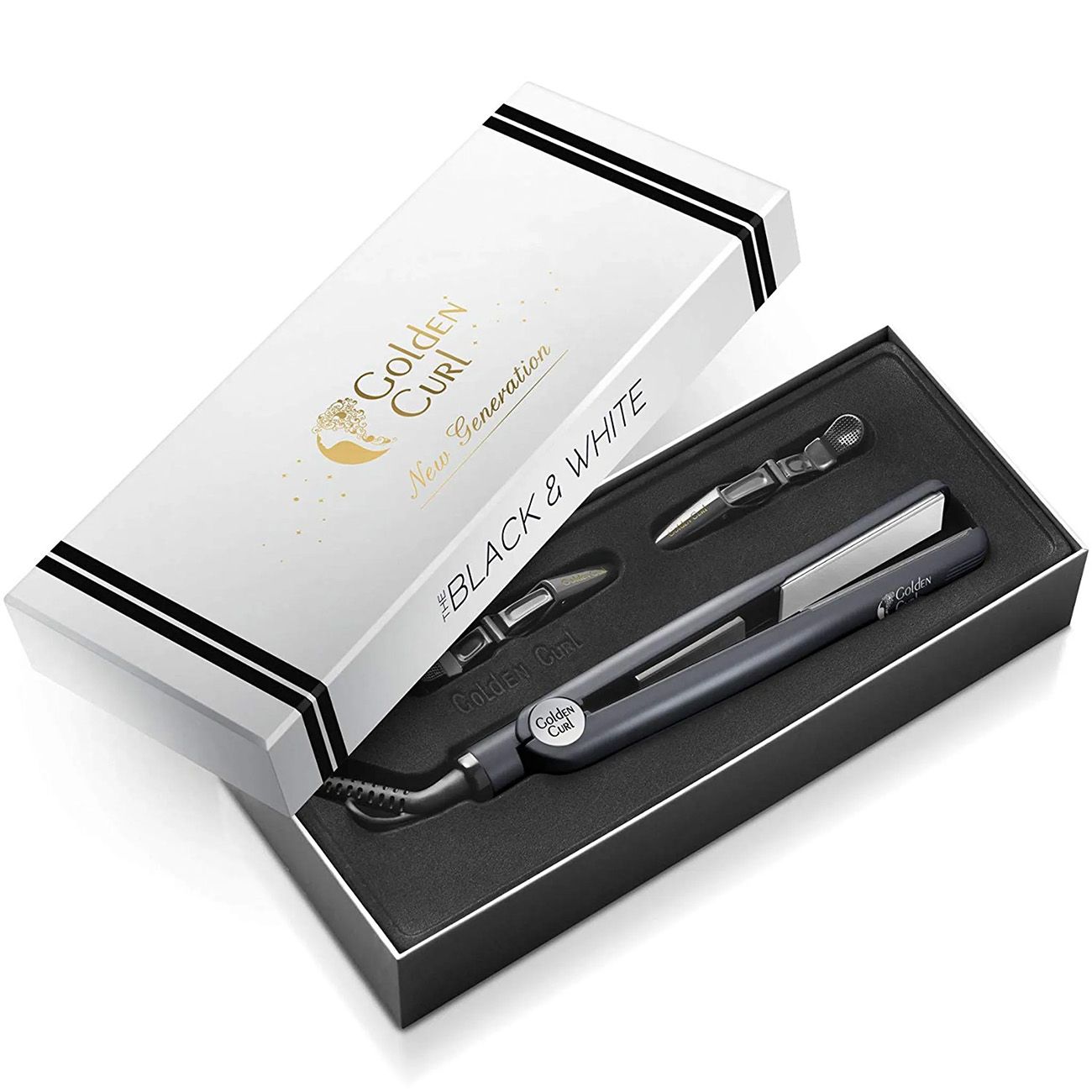 Glätteisen in schwarzer Box mit weißem Deckel. Logo Golden Curl und Schriftzug Black & White. Zubehör enthalten.