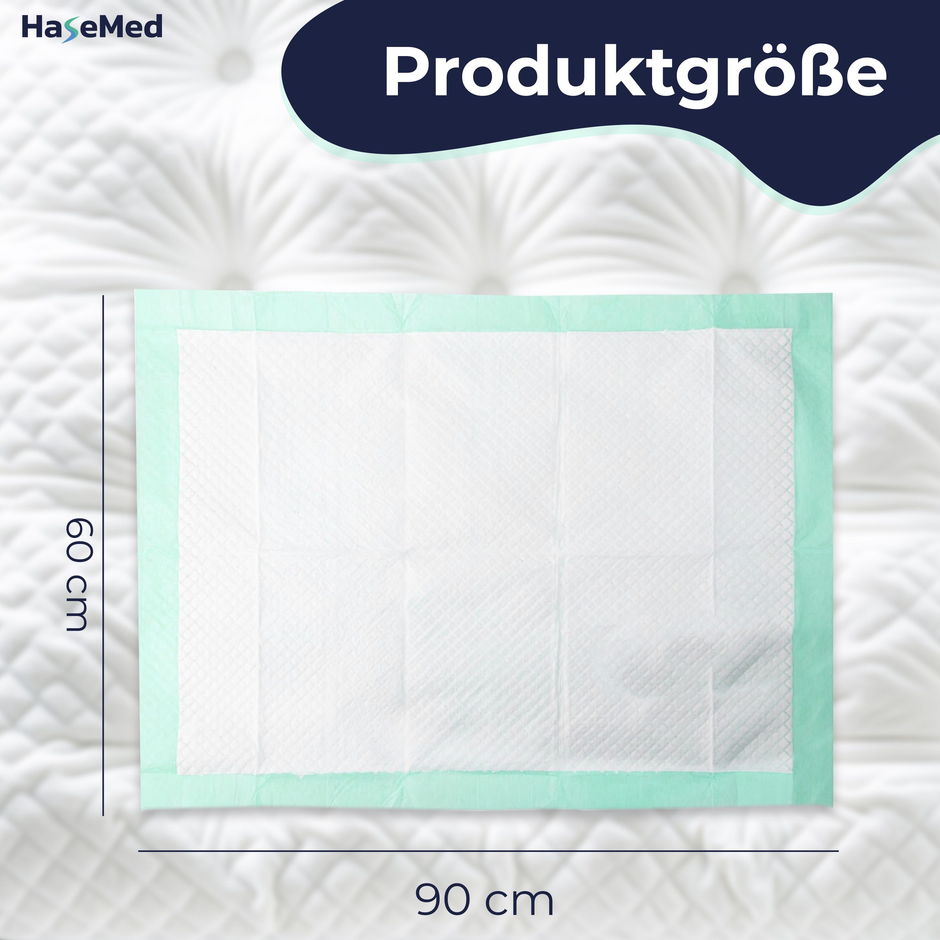 HaseMed Bettschutzunterlage auf Bett. Maße: 60 cm x 90 cm. Grün umrandet, weißes Material.