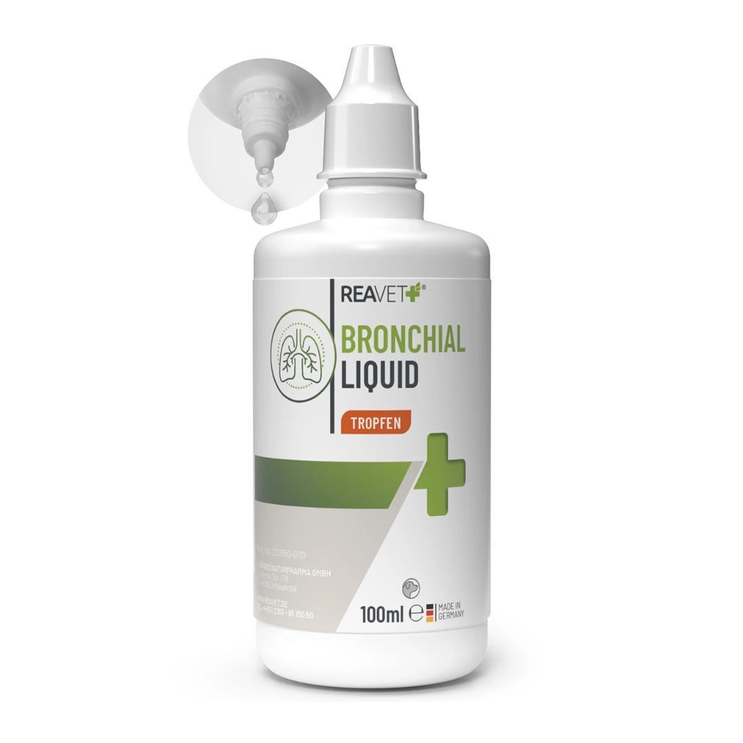 ReaVET Bronchial Liquid Tropfen: Weiße Flasche mit Tropfer und Etikett, das Lungen und ein grünes Kreuz zeigt. 100ml.