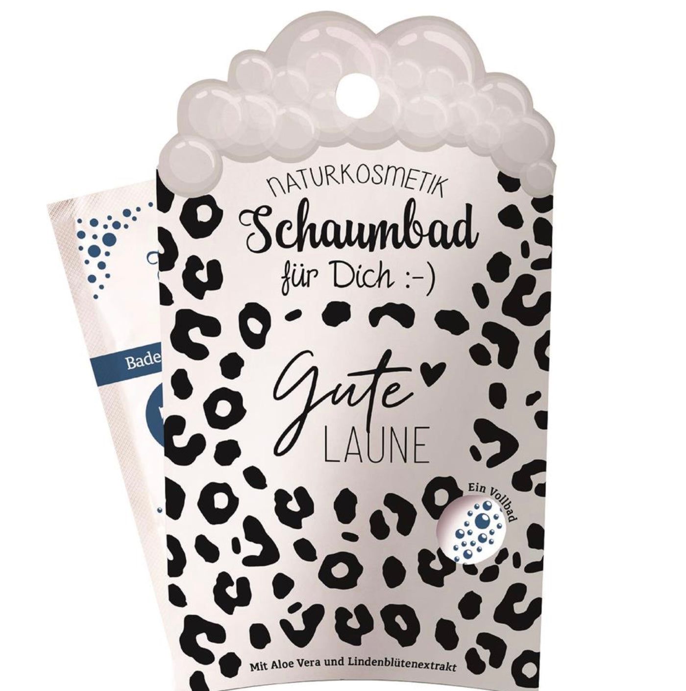 Confezione con motivo leopardato. Testo: Schaumbad für Dich, Gute Laune. Con Aloe Vera ed estratto di fiori di tiglio. Un bagno completo.