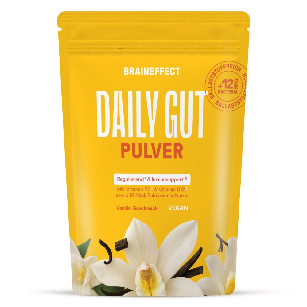 Gelbe Standbeutel mit BRAINEFFECT Daily Gut Pulver. Vanille-Geschmack. Vegan. Abbildung von Vanilleblüten.