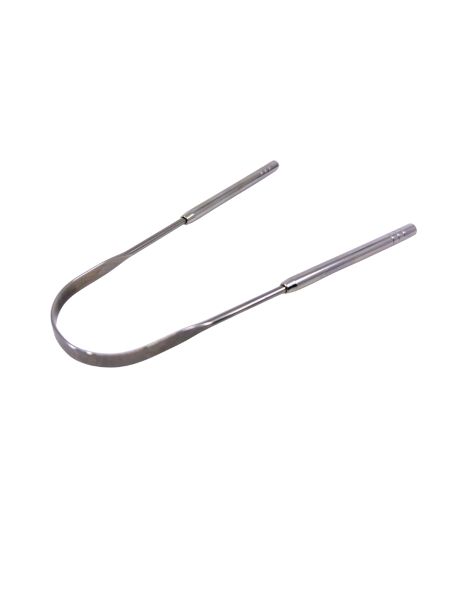 Zungenschaber aus Edelstahl, U-förmig gebogen, mit geriffelten Griffenden.
