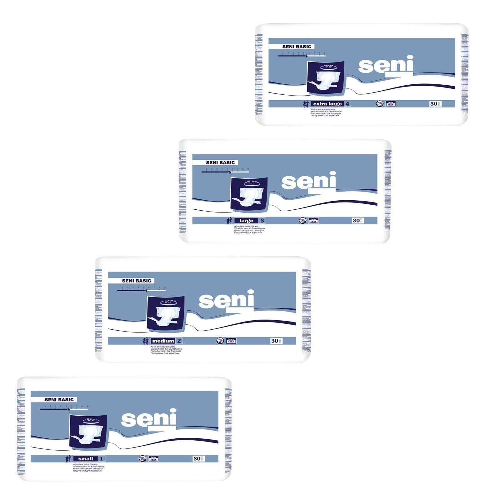 Mehrere Packungen Seni Basic Inkontinenzhose. Größen: Small, Medium, Large, Extra Large. Verpackung mit Produktlogo und Größenangabe.