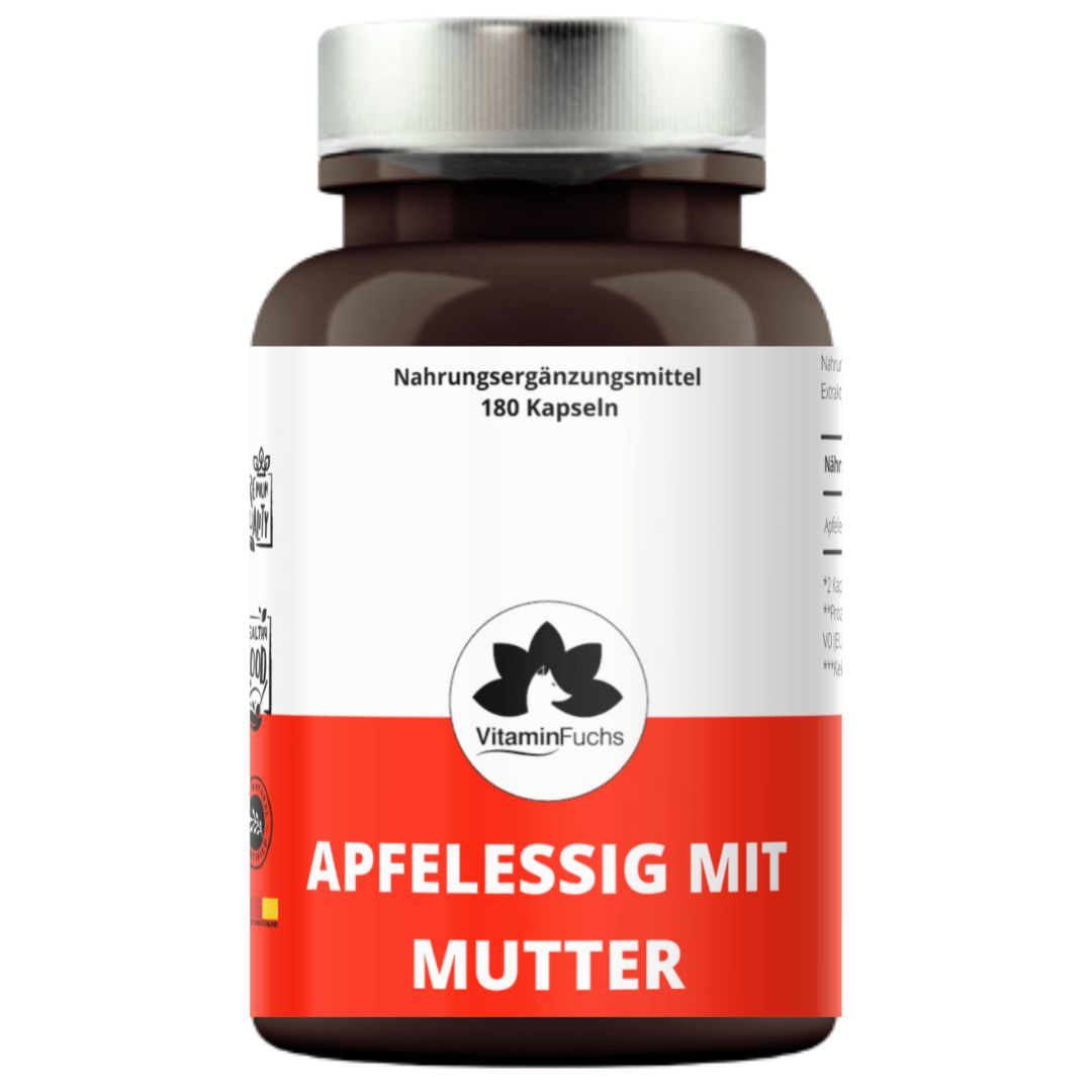 Braune Kapsel-Dose mit rotem Etikett. Aufschrift: Apfelessig mit Mutter. VitaminFuchs Logo.