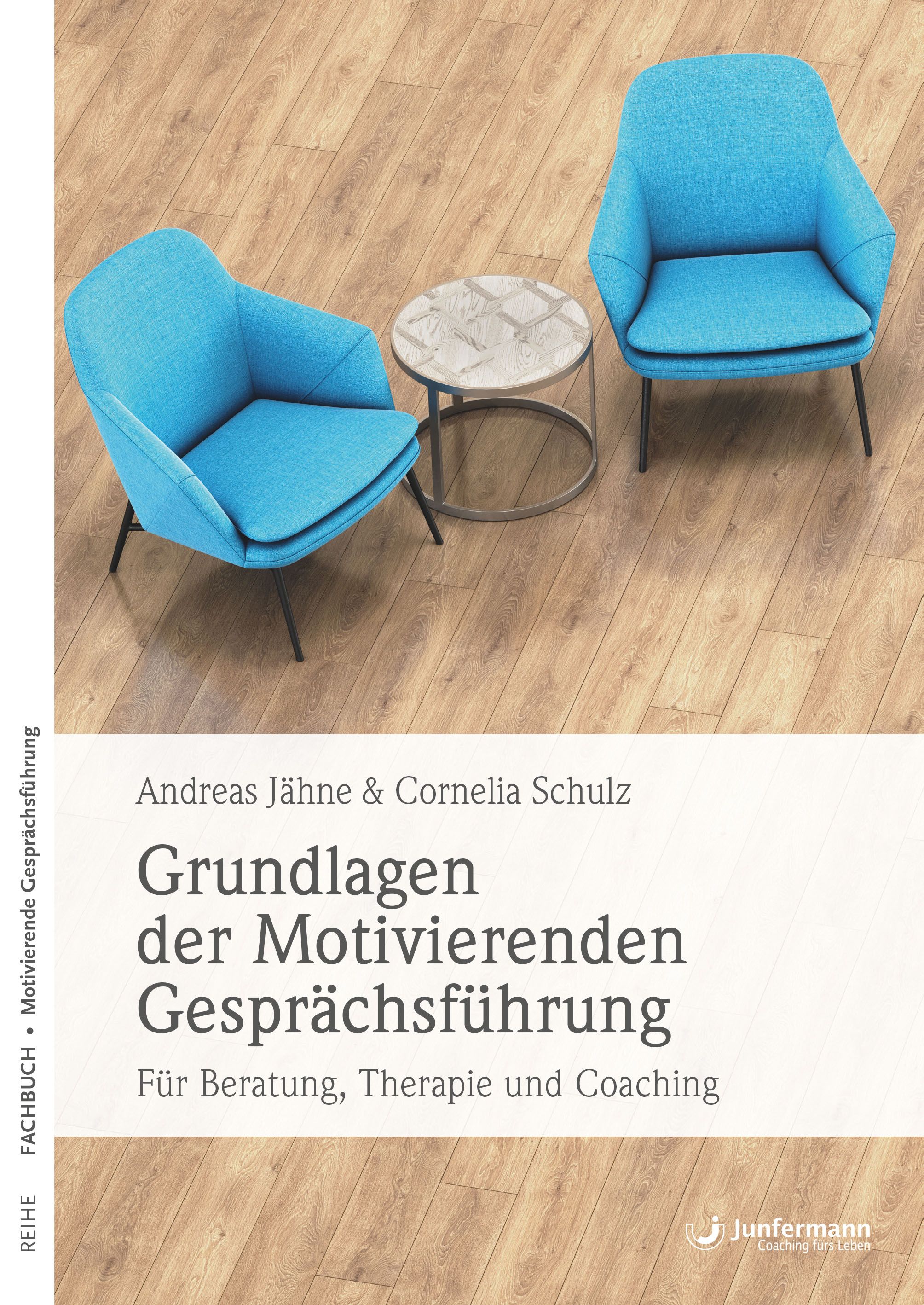 Buchcover: Grundlagen der Motivierenden Gesprächsführung. Titel, Autoren, und Verlag erkennbar. Zwei blaue Sessel und ein Tisch.