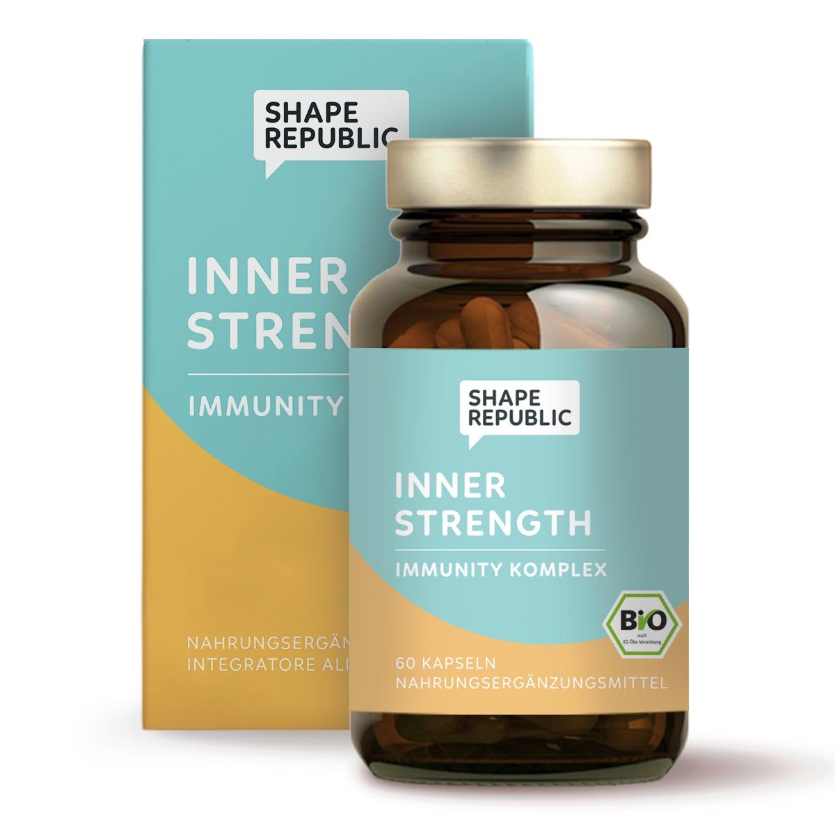 Braune Glasflasche mit Kapseln und Karton. Aufschrift: Shape Republic, Inner Strength, Immunity Komplex, Bio.