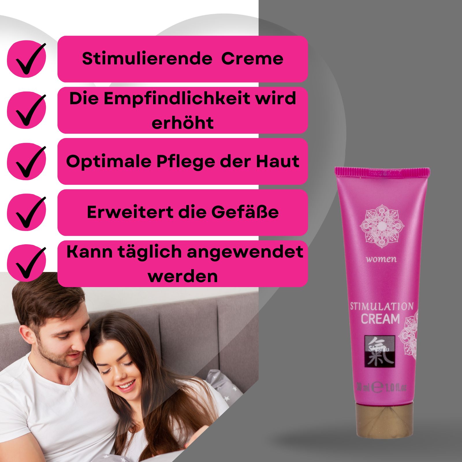 Schachtel und Tube. Aufschrift: Stimulation Cream, Shiatsu, Joyful. Für Frauen. Paar im Hintergrund.