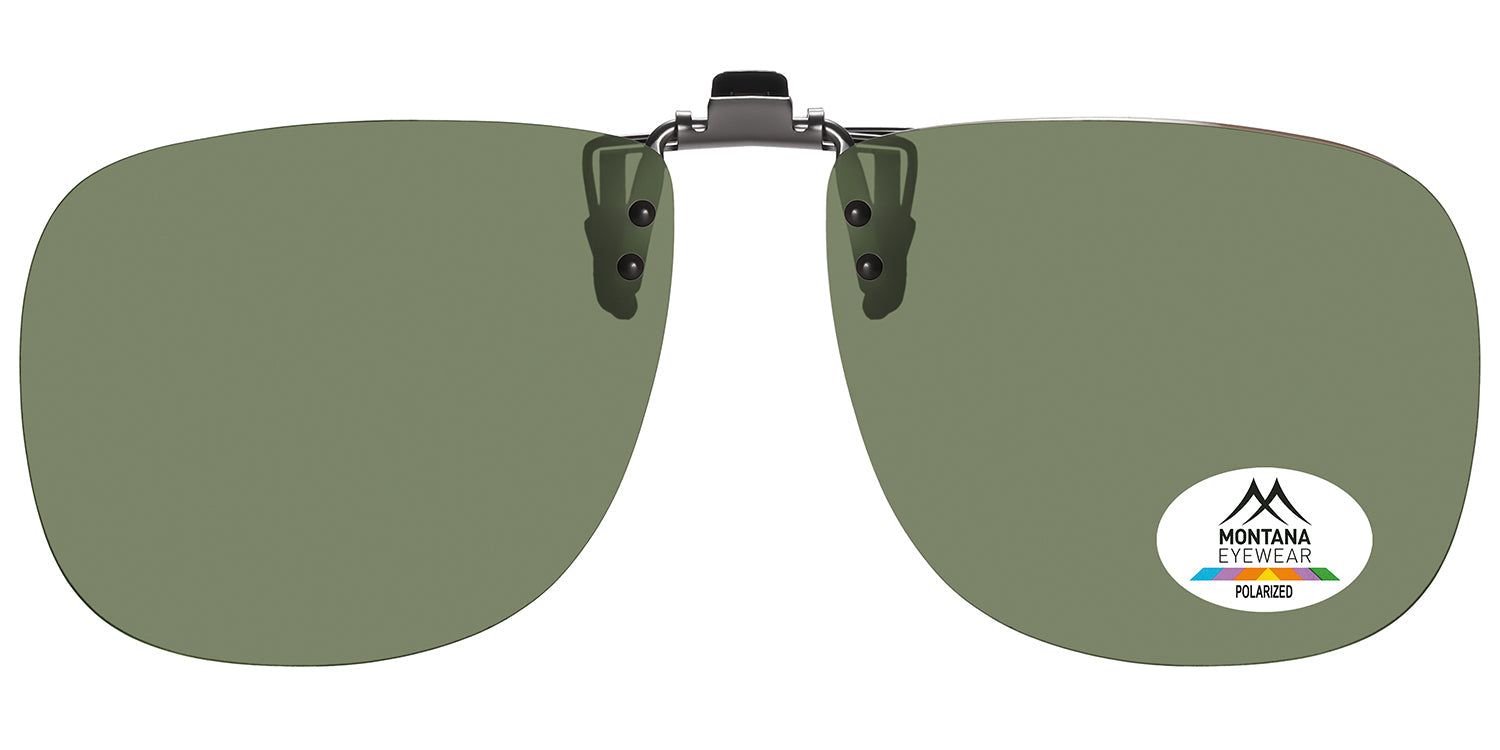 Clip-on-Sonnenbrille mit grünen Gläsern. Ovales Design, silberfarbener Clip. Montana Eyewear Logo und Polarized-Aufkleber.