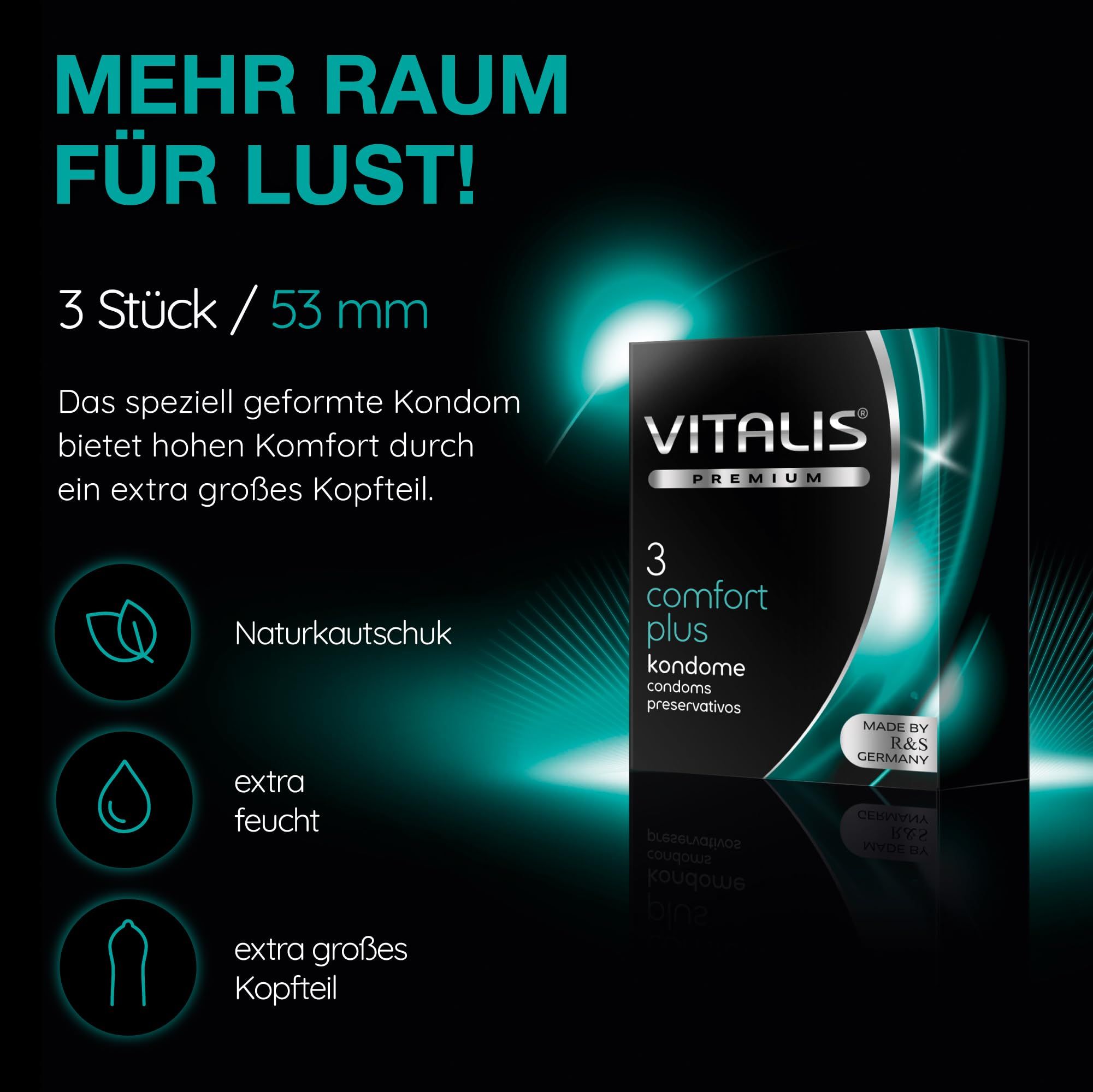 Vitalis PREMIUM Comfort Plus Kondome: 3 Stück, 53 mm. Naturkautschuk, extra befeuchtet.