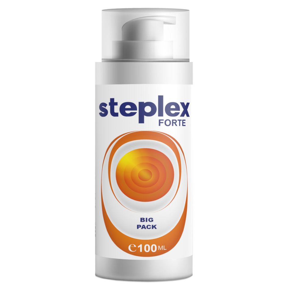 Weiße Flasche mit Pumpverschluss. Aufschrift STEPLEX FORTE. Orangefarbenes Design. BIG PACK. E100ml.