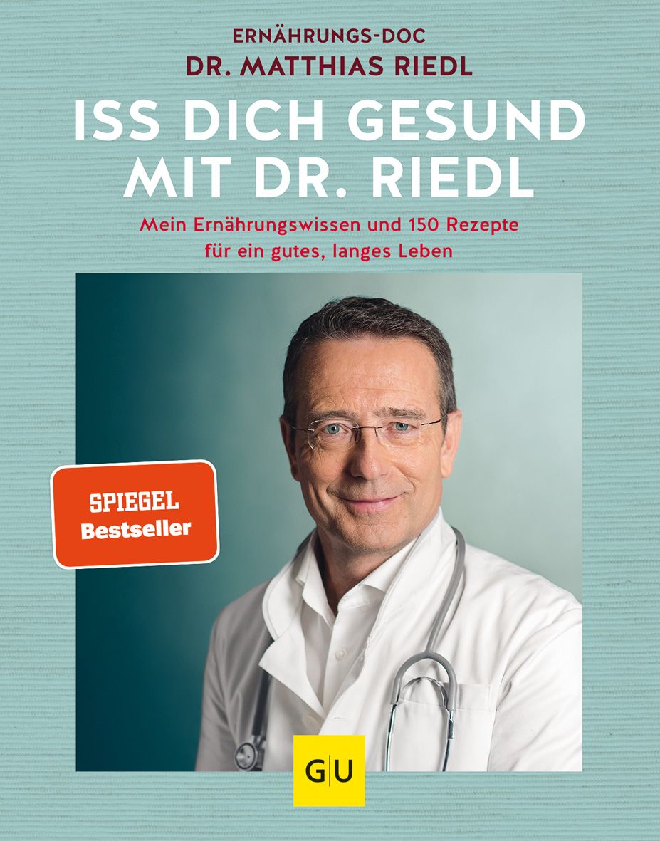 Buchcover: "Iss dich gesund mit Dr. Riedl". Autor Dr. Matthias Riedl. Spiegel Bestseller. GU-Verlag. Porträt des Autors mit Stethoskop.