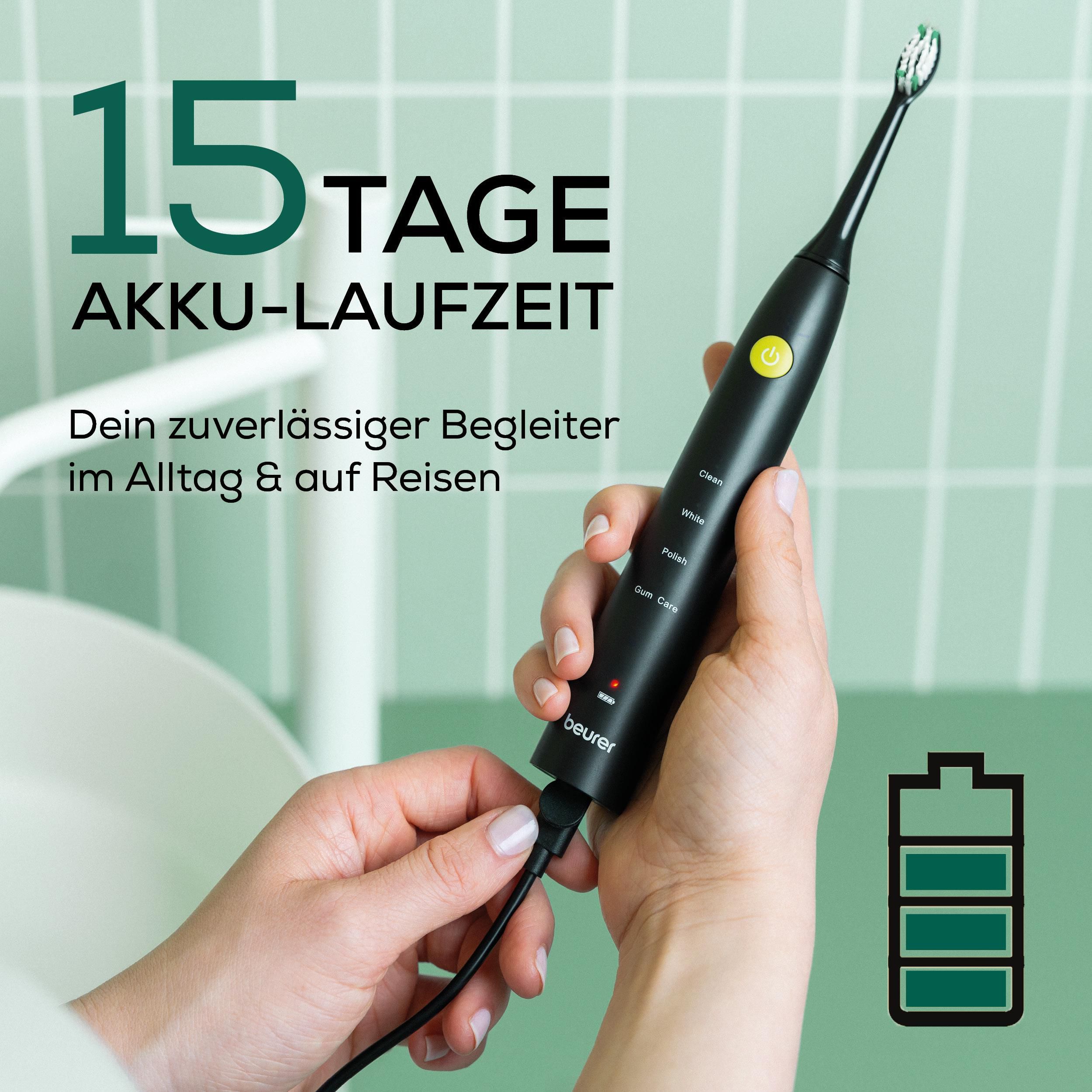 Schwarze Schallzahnbürste wird geladen. Text: 15 Tage Akku-Laufzeit. Dein zuverlässiger Begleiter im Alltag & auf Reisen.