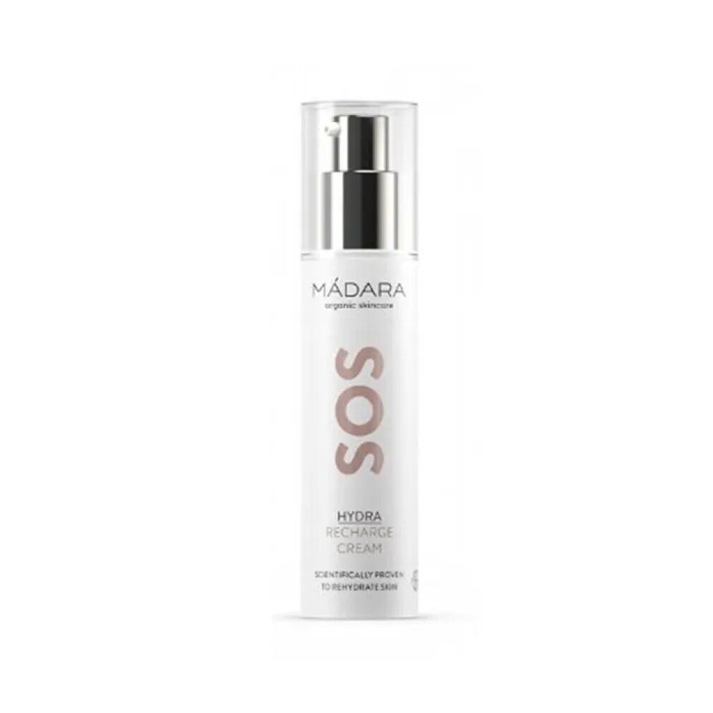 Weißer Creme-Flakon mit silberfarbenem Pumpkopf. Aufschrift: SOS Hydra Recharge Cream. Marke: MÁDARA organic skincare.