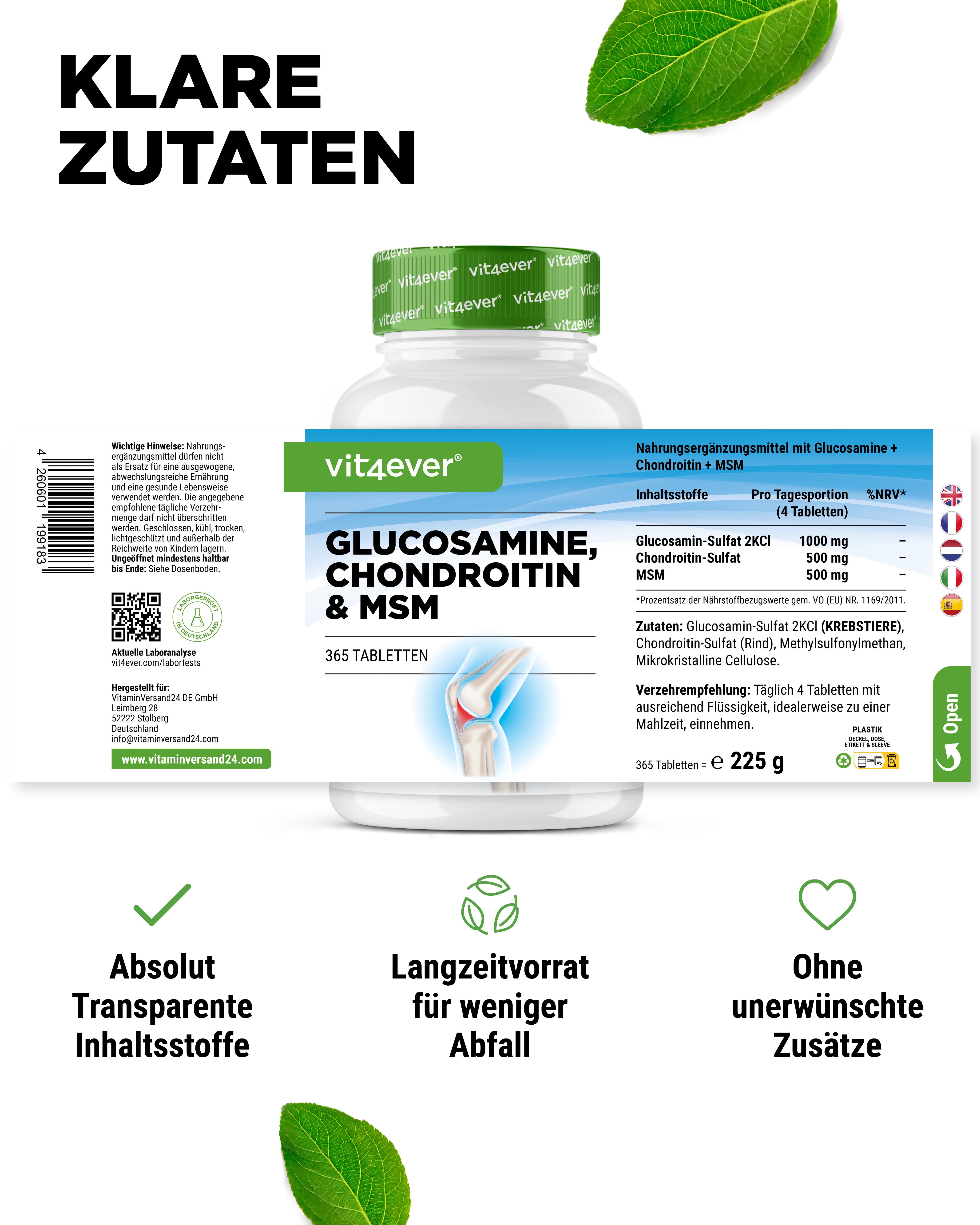 Weiße Flasche mit grünem Deckel, Etikett "vit4ever Glucosamin, Chondroitin & MSM". Text: "365 Tabletten". Detailansicht der Inhaltsstoffe.